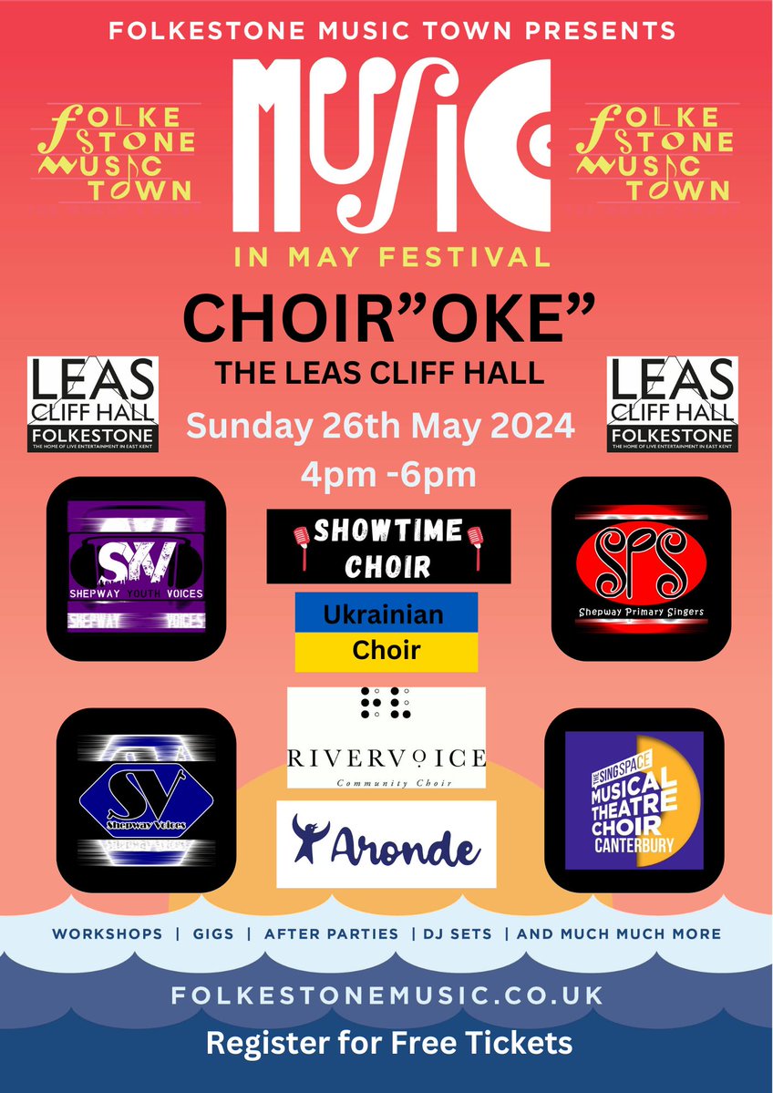 As part of @FolkestoneMusic in May Festival 2024 - Join us for the BIG CHOIR'oke' and come and sing yourself happy! Happening at @leascliffhall on Sunday 26th May 2024. Tickets are free but you must register your space good-show.co.uk/events/808 #folkestone #kent #music