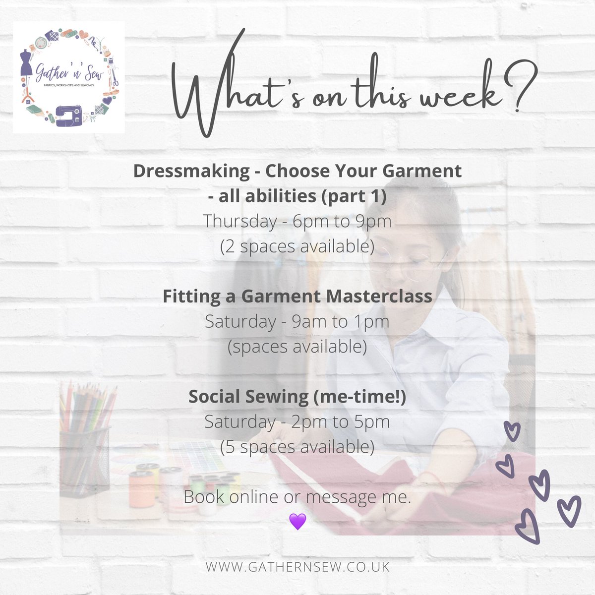 Whew!  It’s a busy week ahead. Still spaces on our workshops and late night shopping tonight. Join us for some fun 💜

#whatsonthisweek #gathernsew #learntosew #sewingclasses #sewingworkshops #bourne #bournetown #sewingparties #isew #isewmyownclothes #memade #memadewardrobe