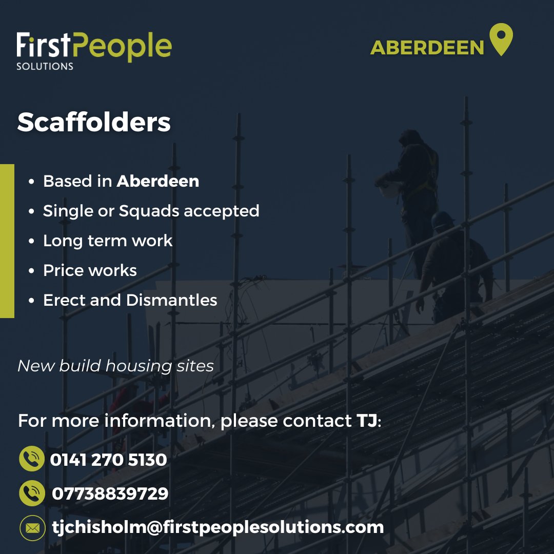 First People Solutions are looking for Scaffolders to join a team based in Aberdeen🛠️ For more information, please get in touch with Tj Chisholm: 📞: 0141 270 5130 📞: 07738839729 📧: tjchisholm@firstpeoplesolutions.com #firstpeoplesolutions #Scaffolders #Hiring #Scaffolder