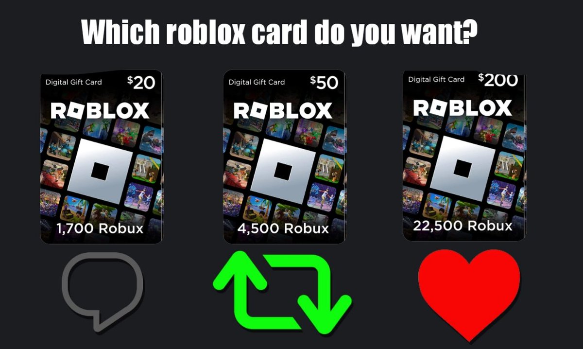 Which #Robux Giftcard do you want? 🤔

(1 ❤️ = 1 ROBUX)
#ROBLOX #ROBLOXDev #ROBLOXGiveaway #robuxgiveaway #robuxgiftcard #FreeRobux #robuxcode #free #redeem #giftcard