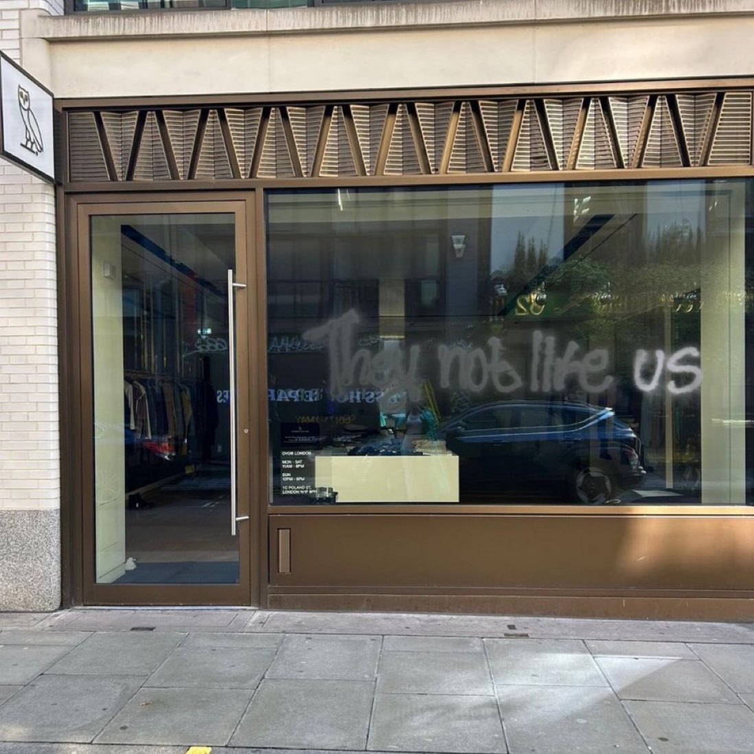 Drake's OVO Store in London has been vandalized. The front window was spray painted 'They Not Like Us'