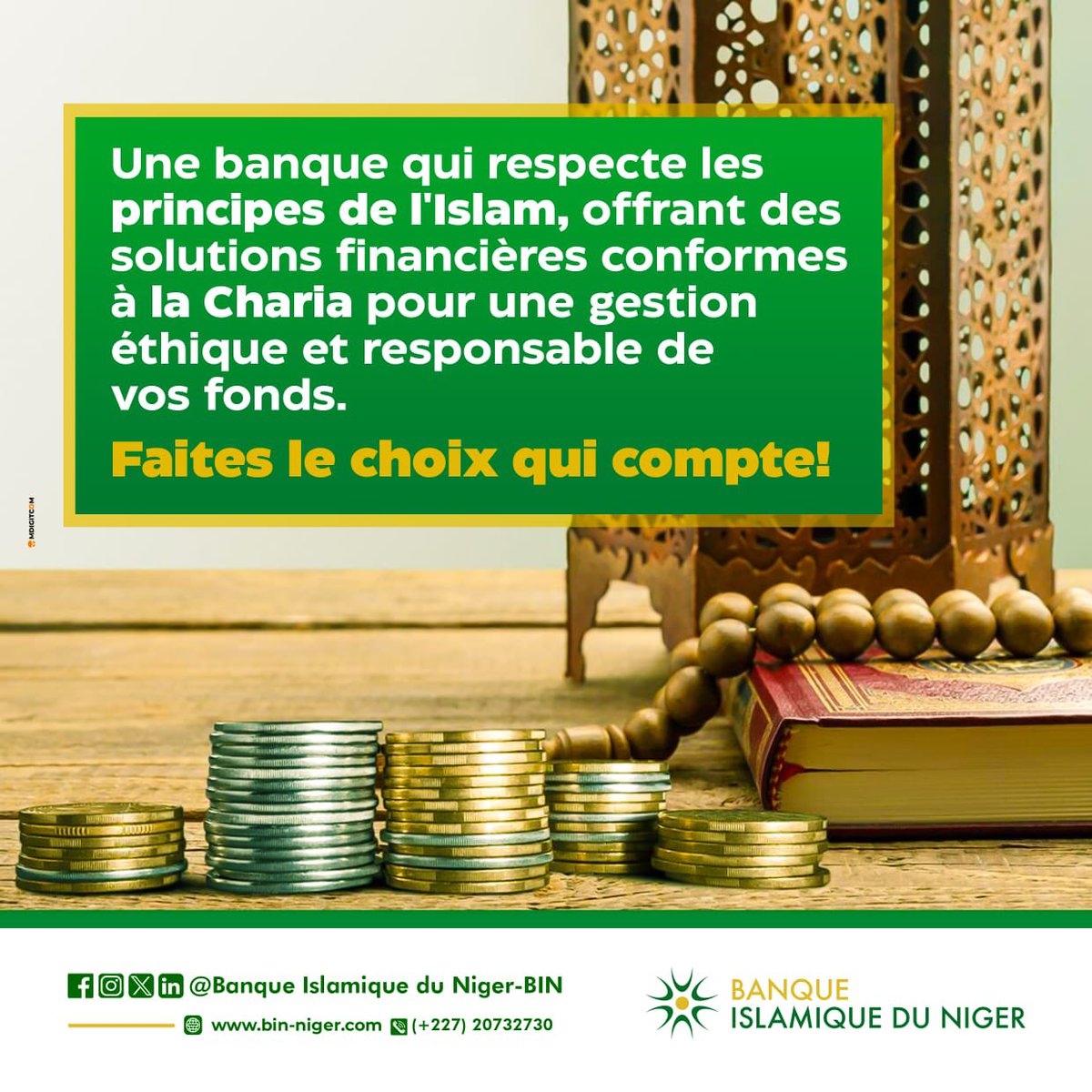 Pourquoi nous choisir?

Choisir la Banque Islamique du Niger c’est choisir une banque qui respecte les principes de l’Islam en vous offrant des solutions financières conformes à la Charia!

Site Web 🌐 bin-niger.com

#financeislamique  #BinNiger #banque #Niger