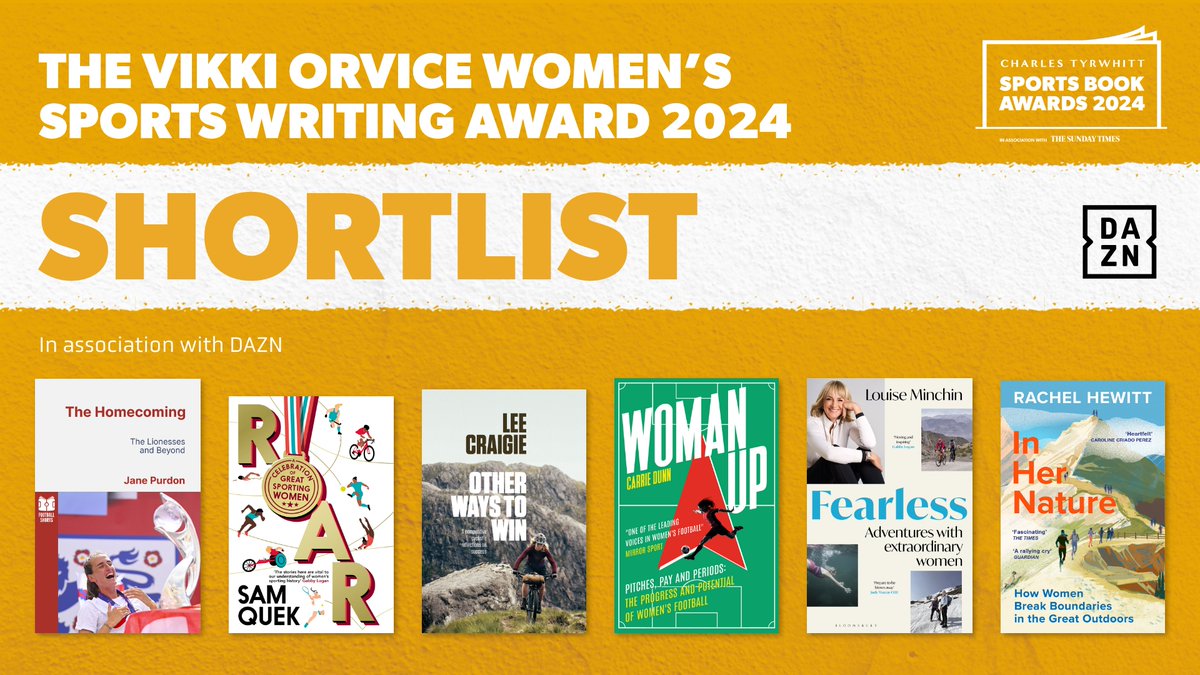 Announcing the 2024 shortlist for the Vikki Orvice Women's Sports Writing Award in association with DAZN 📚 The Homecoming, @JanePurdon (@pitchpublishing) 📚 Roar: A Celebration of Great Sporting Women, @samanthaquek (@atlanticbooks) 📚 Other Ways to Win, @leecraigie_…