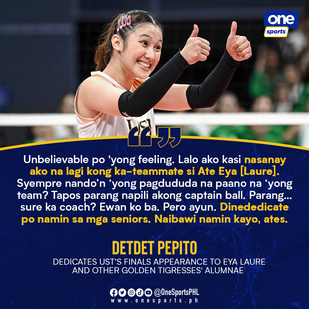 GOLDEN GIRLHOOD 🐯💛

Detdet Pepito truly embodies the role of a captain in leading the UST WVT back to the UAAP Finals, dedicating their journey to the big stage to the former UST Golden Tigresses.

#UAAPSeason86 #UAAPonOneSports #FuelingTheFuture