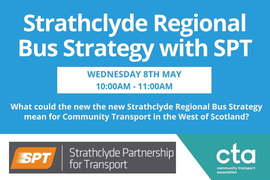 Join us tomorrow at 10am for a live virtual Q&A with @SPTcorporate as we answer the question: What could the new Strathclyde Regional Bus Strategy mean for #CommunityTransport in the West of #Scotland? Sign up now: member.ctauk.org/civicrm/event/… #CTAScotland #CommunitySolutions