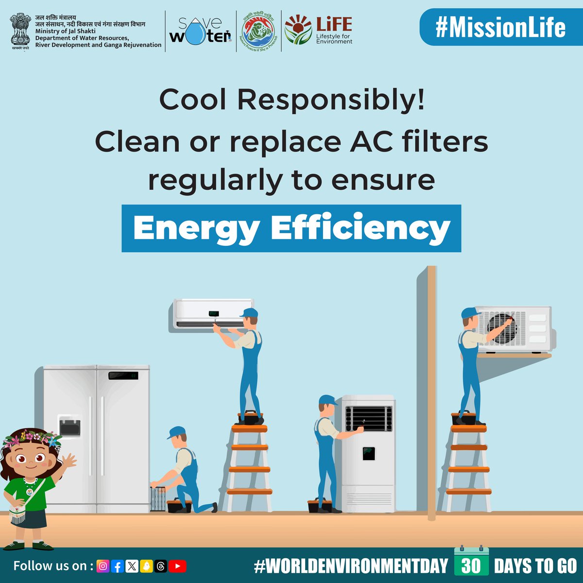 Beat the summer heat #sustainably! Remember to clean or replace your AC filters regularly for better performance & efficiency. By taking this simple step, you're not only keeping cool but also reducing #energyconsumption. Join the #MissionLIFE initiative for a greener future!