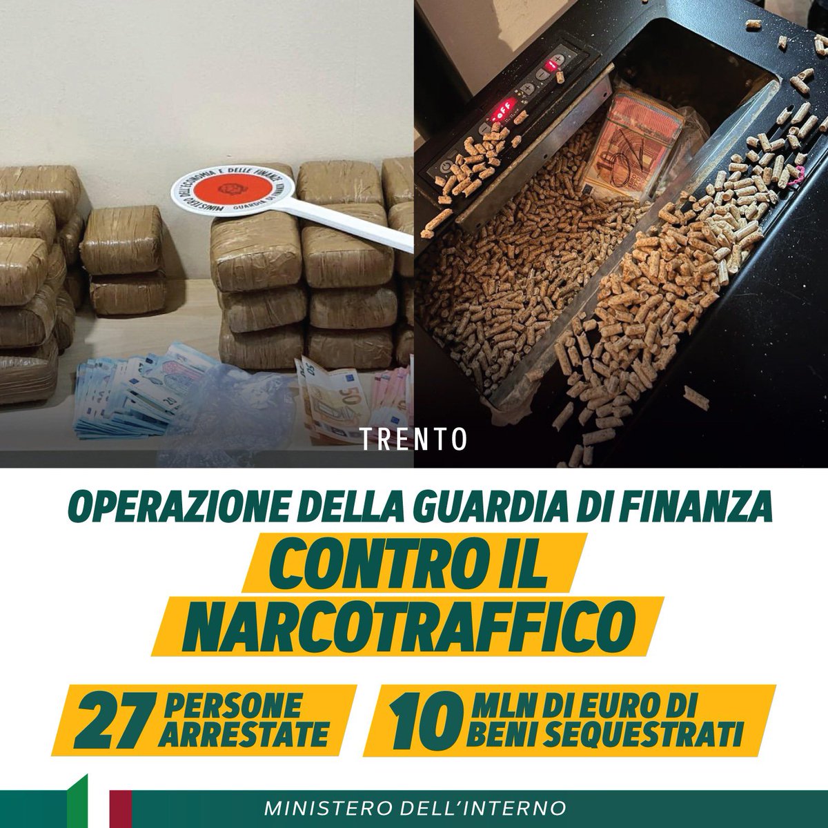 Maxi operazione contro il narcotraffico a Trento che ha portato all’arresto di 27 persone. La @GDF ha sgominato due organizzazioni criminali che, grazie a una fitta rete di corrieri e distributori, riversava ingenti quantità di droga in tutta la regione. 38 in tutto i…