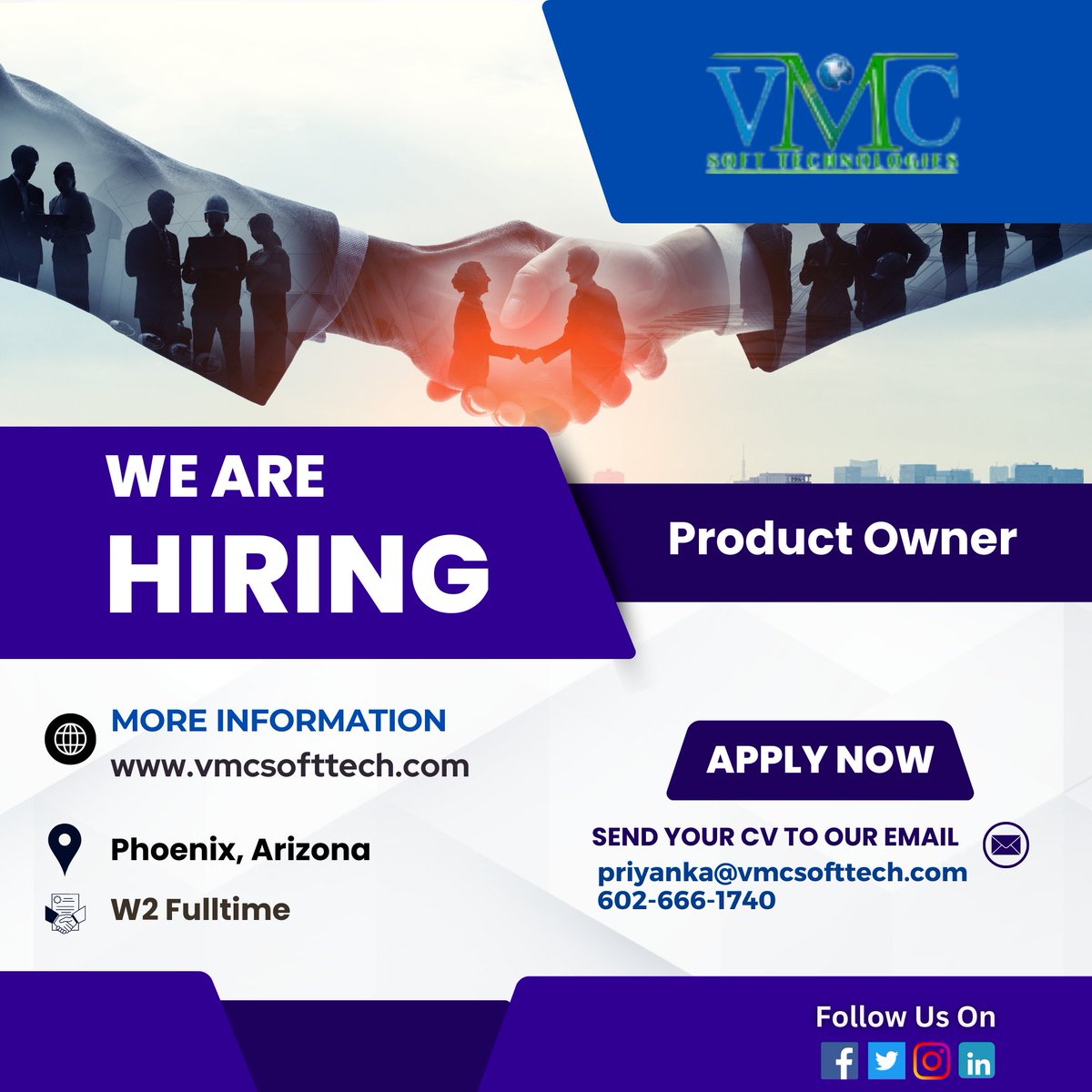 VMC Soft Technologies looking for a Product Owner in Phoenix, AZ Job Title: Product Owner Locations: Phoenix, AZ Contract: W2 Full-Time For more details: priyanka@vmcsofttech.com/ 602-666-1740 #productowner #scrum #scrummaster #agile #agilecoach #kanban #productmanagement