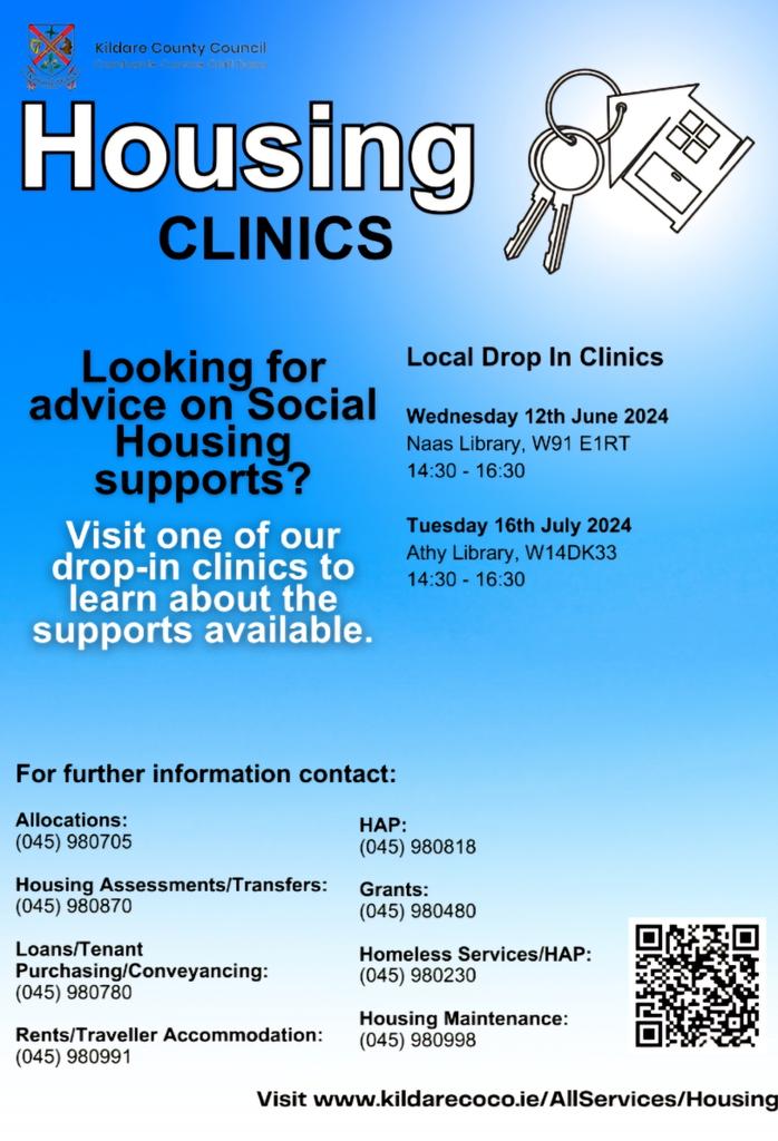Housing Clinic next Tues. May 14th in Maynooth Community Space (W23E4C2) from 2pm to 4.30pm. Staff from various sections of the Council Housing Department will be there to offer advice.