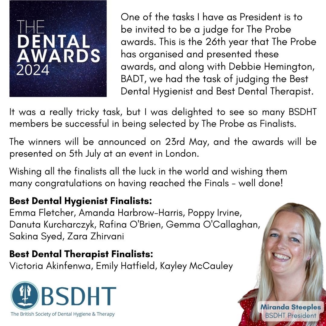 Good luck to the finalists of The Probe Dental Awards 2024.  

@theprobemag #theprobemagazinedentalawards2024 #bsdht #badt #dentalhygienist #dentaltherapist #dentalhygiene #dentaltherapy #thedentalawards
