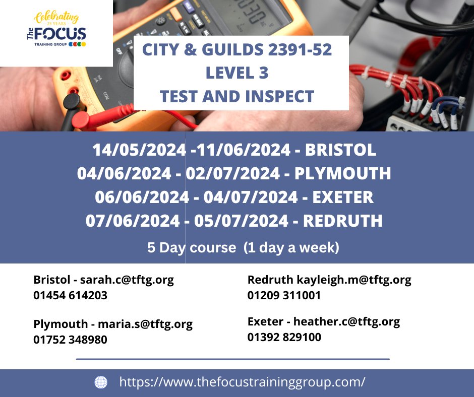 Electricians book now for the 2391-52 Level 3 Test & Inspect Course Redruth - kayleigh.m@tftg.org 01209 311001 Exeter - heather.c@tftg.org 01392 829100 Plymouth - maria.s@tftg.org 01752 348980 Bristol - sarah.c@tftg.org or ☎️ 01454 614203 Or book online buff.ly/4aHjiTv