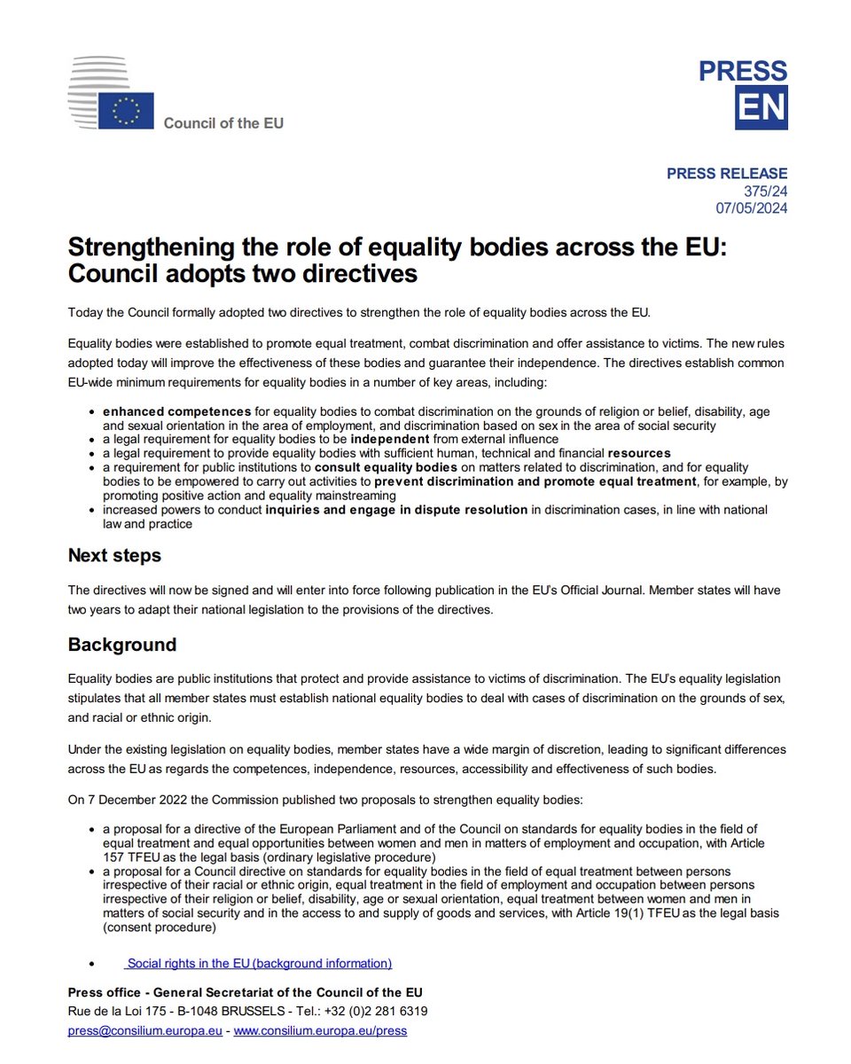 EU equality law Legislation strengthening powers of equality bodies finally adopted