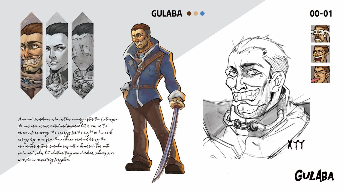 GULABA-Swordsman A comical swordsman who lost his memory after the Cataclysm. He was once assassinated and poisoned but is now in the process of recovery. The energy for the light on his neck allegedly comes from the methane produced during the elimination