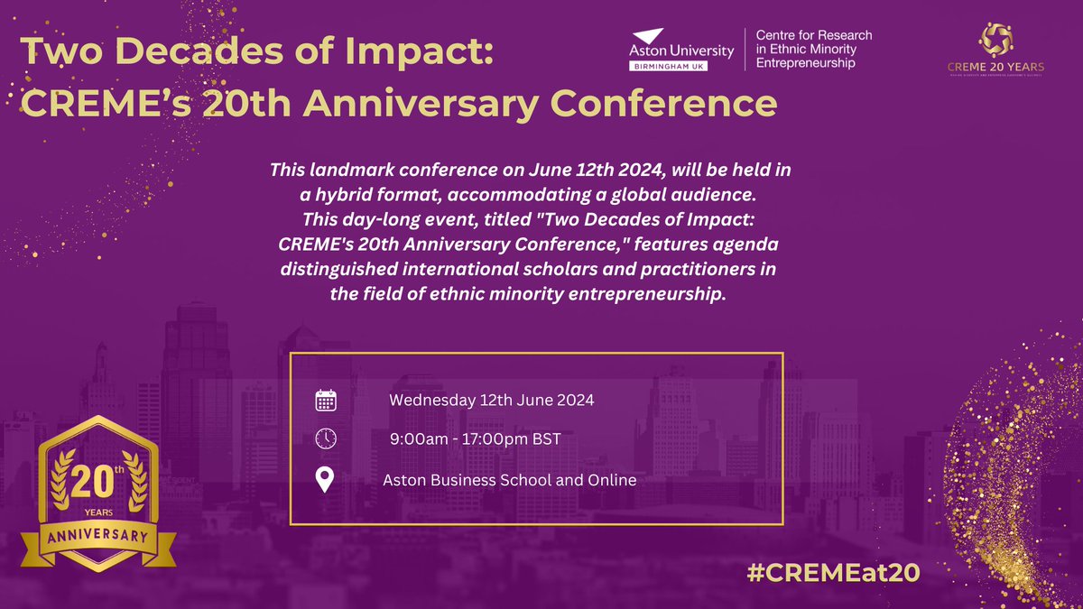 #CREMEat20 Join us to celebrate our 2️⃣0️⃣ th Anniversary & reflect on 2 decades of #impactful research🥂 📅12th June 2024 ⏲ 9:30-17:00 BST 📍 @AstonBusiness School & Online We will be joined by outstanding international scholars and much more! 👏 📲forms.office.com/e/nANRQVsBD4