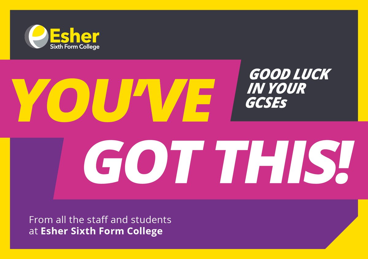 Good Luck 🍀to all our Year 11 applicants starting their GCSEs this week. You've Got This! Don't forget to; ☕take breaks 🛌get a good night's sleep 🚰keep hydrated From all the staff and students at #EsherSixthFormCollege
