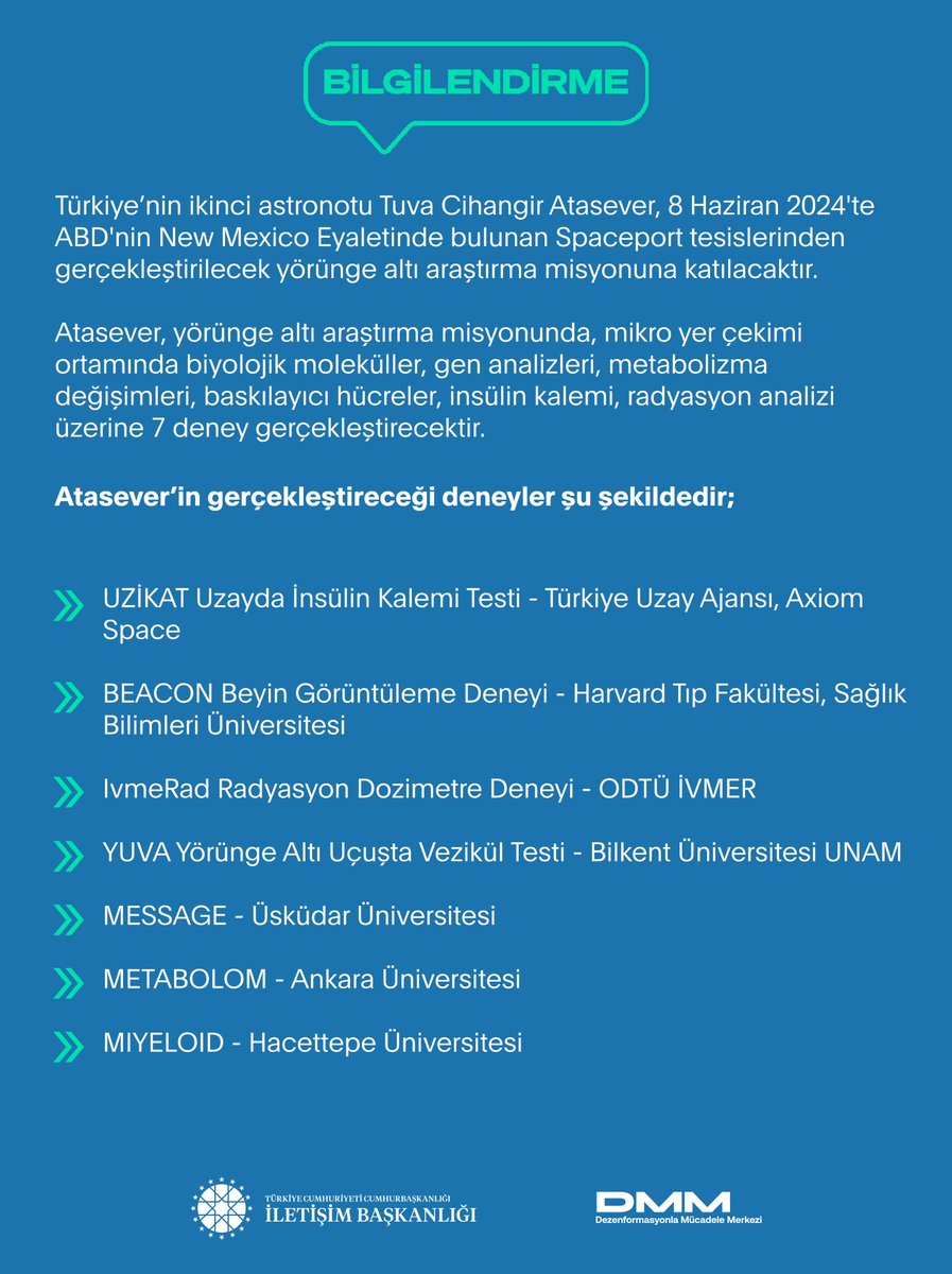 🇹🇷🧑‍🚀🚀 Türkiye’nin ikinci astronotu Tuva Cihangir Atasever, 8 Haziran 2024'te ABD'nin New Mexico Eyaletinde bulunan Spaceport tesislerinden gerçekleştirilecek yörünge altı araştırma misyonuna katılacaktır. Atasever, yörünge altı araştırma misyonunda, mikro yer çekimi ortamında