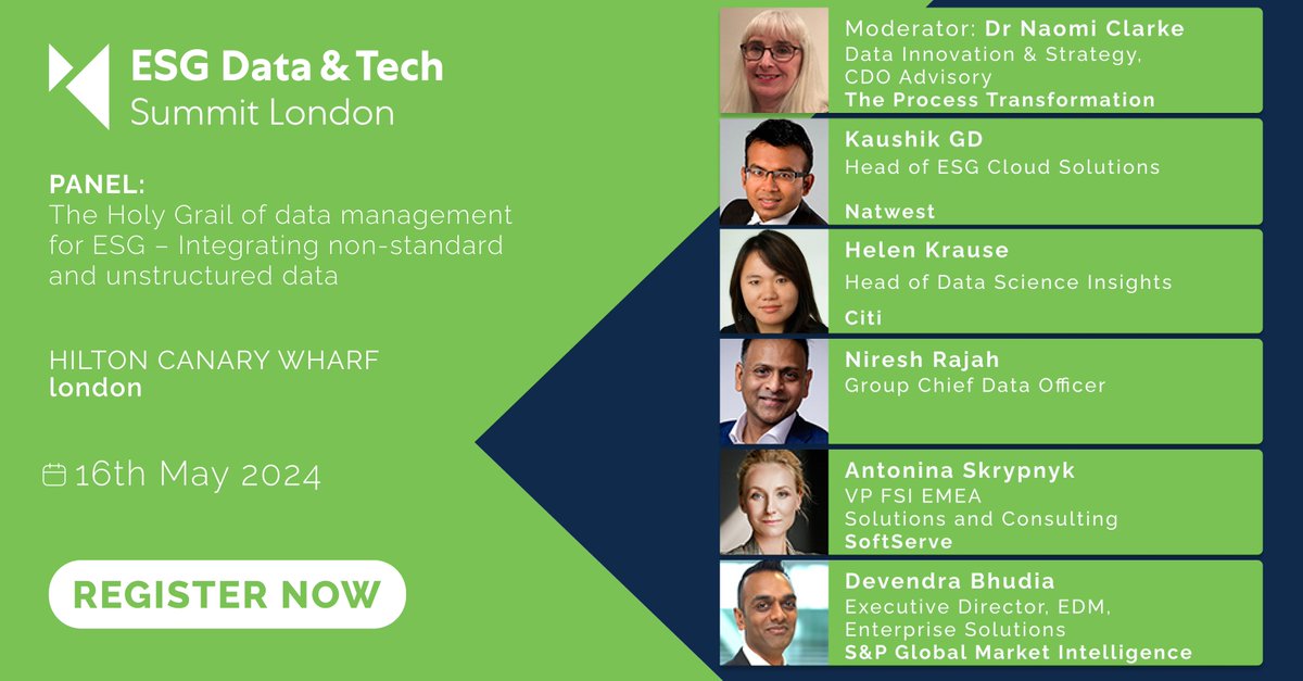 This panel at ESG Data & Tech Summit London on 16th May - The Holy Grail of data management for ESG: Integrating non-standard and unstructured data - will feature experts from @NatWestGroup, @citi, @SoftServeInc & @spgmarketintel

a-teaminsight.com/events/esg-dat…

#ESGSummit #ESG #ESGdata