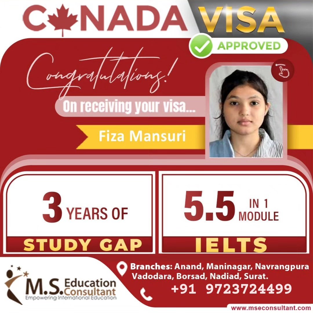 Congrats!!! 🌟 Fiza Mansuri for Canada 🇨🇦 Student Visa 💐

🔸Visa in 1st attempt 
🔸5.5 Bands in 1 Module
🔸3 Year of study gap

#MSEducationConsultant #StudentVisa #StudyAbroad #IELTS #toefl #pte #Immigration #StudyInCanada #StudyInUSA #bestvisaconsultant #bestieltscoaching