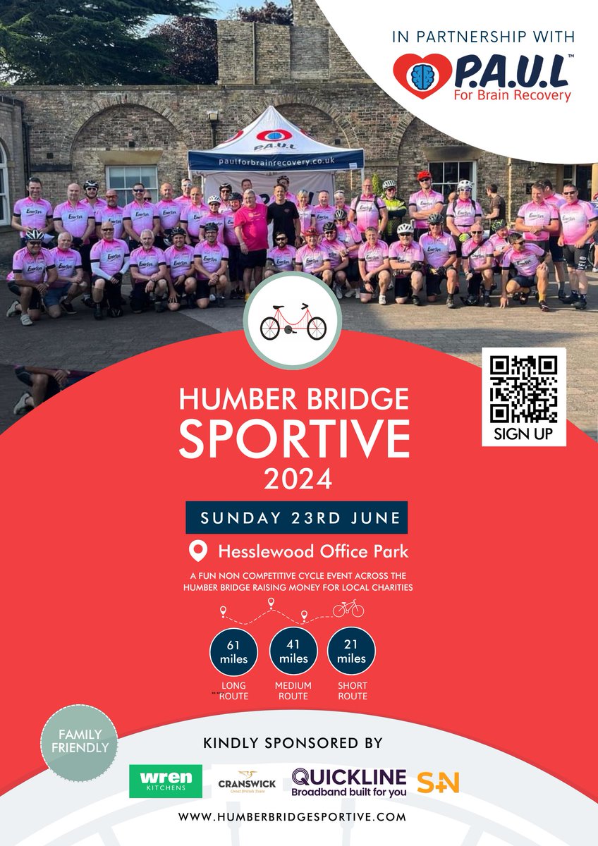 We are proud to be sponsoring @HumberSportive 2024 🚲 - A fun, non-competitive cycle event across the iconic Humber Bridge raising money for local charities in the local area. To sign up or for more information, scan the QR code or visit ⬇️ humberbridgesportive.co.uk