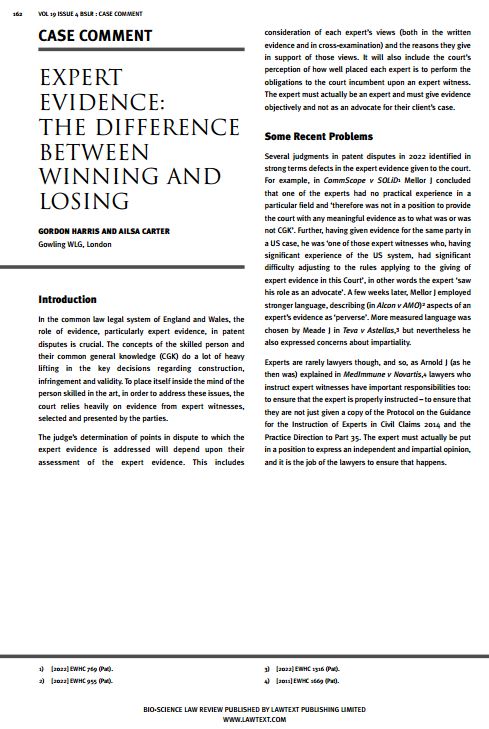 Lawtext Publishing Limited (@lawtextpub) on Twitter photo Bio-Science Law Review Vol 19 Issue 4 – subs see lawtext.com
Expert Evidence: The difference between winning and losing
Gordon Harris and Ailsa Carter
#BSLR <a href="/GowlingWLG_UK/">Gowling WLG UK</a> #IPlaw #IPlitigation #patentlaw #expertevidence #lifesciences #bioscience #patentlitigation Bio-Science Law Review Vol 19 Issue 4 – subs see lawtext.com
Expert Evidence: The difference between winning and losing
Gordon Harris and Ailsa Carter
#BSLR <a href="/GowlingWLG_UK/">Gowling WLG UK</a> #IPlaw #IPlitigation #patentlaw #expertevidence #lifesciences #bioscience #patentlitigation