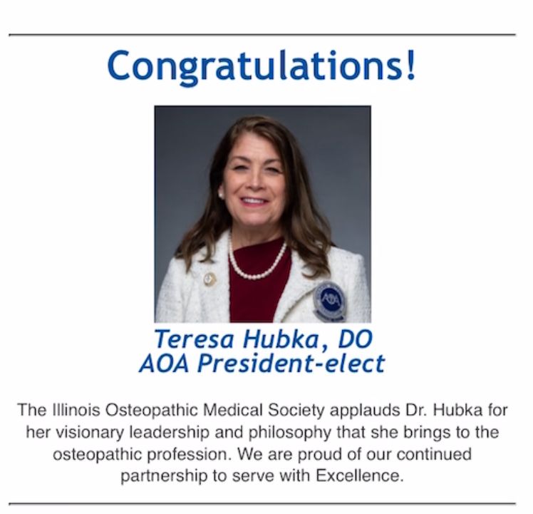IOMS sends congratulations to an amazing role, model, and mentor!   Dr. Teresa Hubka - Illinois President-elect to the AOA.  #DOproud