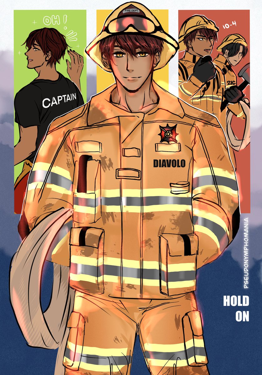 Renowned fire demon Diavolo, firefighter. Captain of the RAD (Rescue and Abatement Department). Pictured here with his 2IC (Second in Command). Ready to serve, ready to save.

“Hold on.”

#obm制服企画2 #obeyme #obeymediavolo #obeymelucifer #obeymefanart