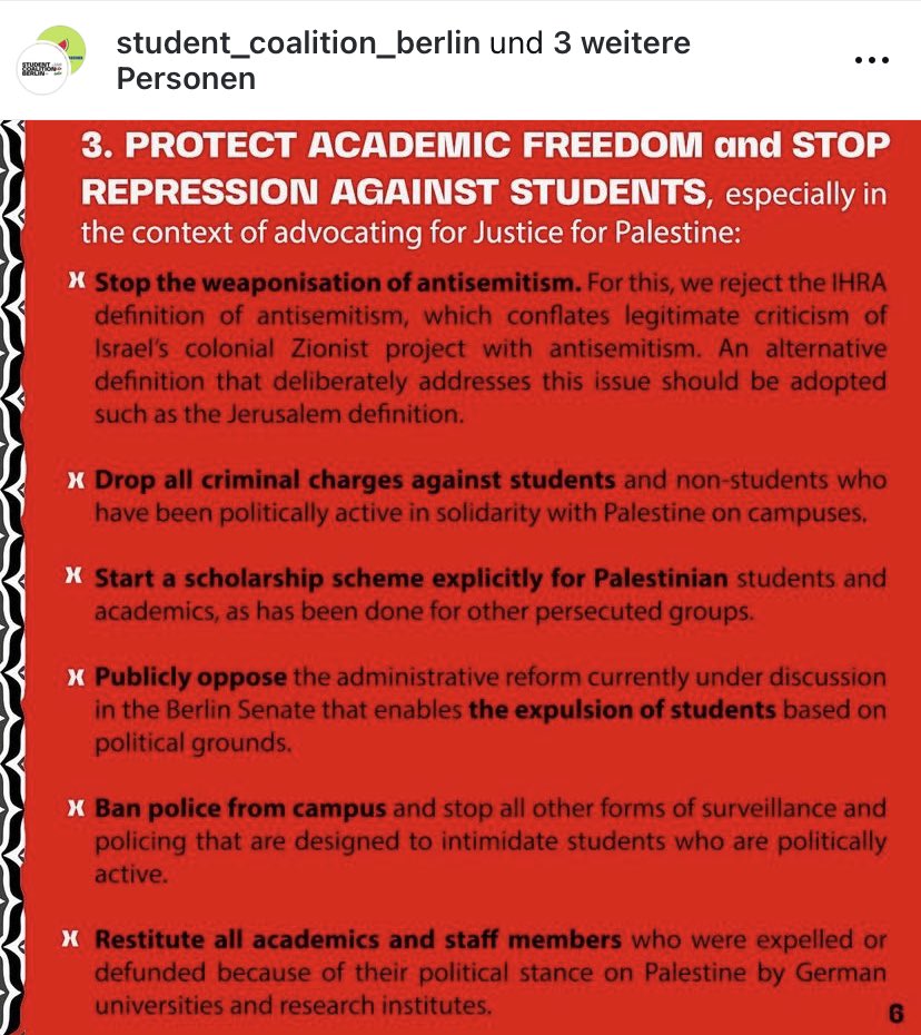 Die Uni-Besetzer: Die akademische Freiheit soll geschützt werden. Aber israelische Universitäten gehören boykottiert. Natürlich kein Wort zu den israelischen Geiseln. Israel wird als „koloniales Projekt“ bezeichnet.