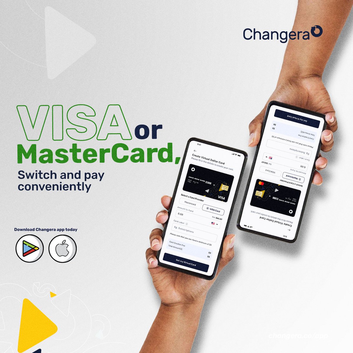 2 cards 💳 are better than ☝🏽

Experiencing issues with your MasterCard, switch to VISA on your app 📲 asap! 

Don’t have a VISA card yet? Request for as many as you need today 👌🏽

changera.co/app