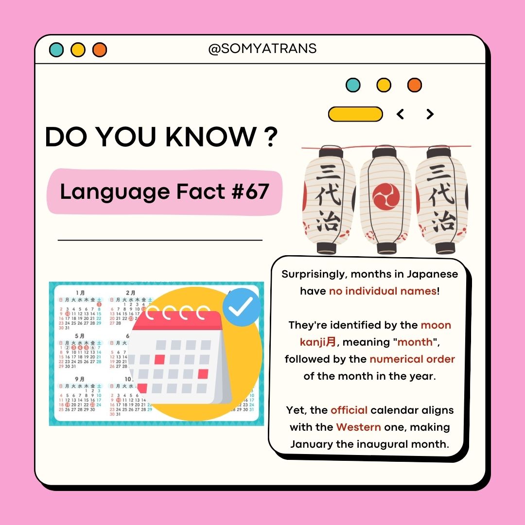 Did you know? In Japanese, months don't have individual names! They're simply identified by the moon kanji 月, followed by the numerical order of the month in the year. Discover more fascinating language facts with us!

#LanguageFacts #TranslationServices #CultureExchange