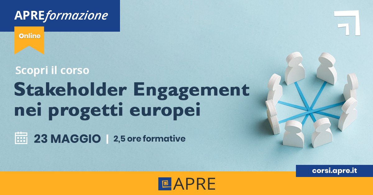 #APREformazione online 👇 Stakeholder Engagement nei progetti europei 📆 23 maggio | 2,5 ore Per apprendere approcci e metodologie efficaci per avvicinare gli attori della “quintupla elica” alle attività e ai risultati di ricerca 🤝 Ci sei? Partiamo! ▶️ bit.ly/4b8v2hq