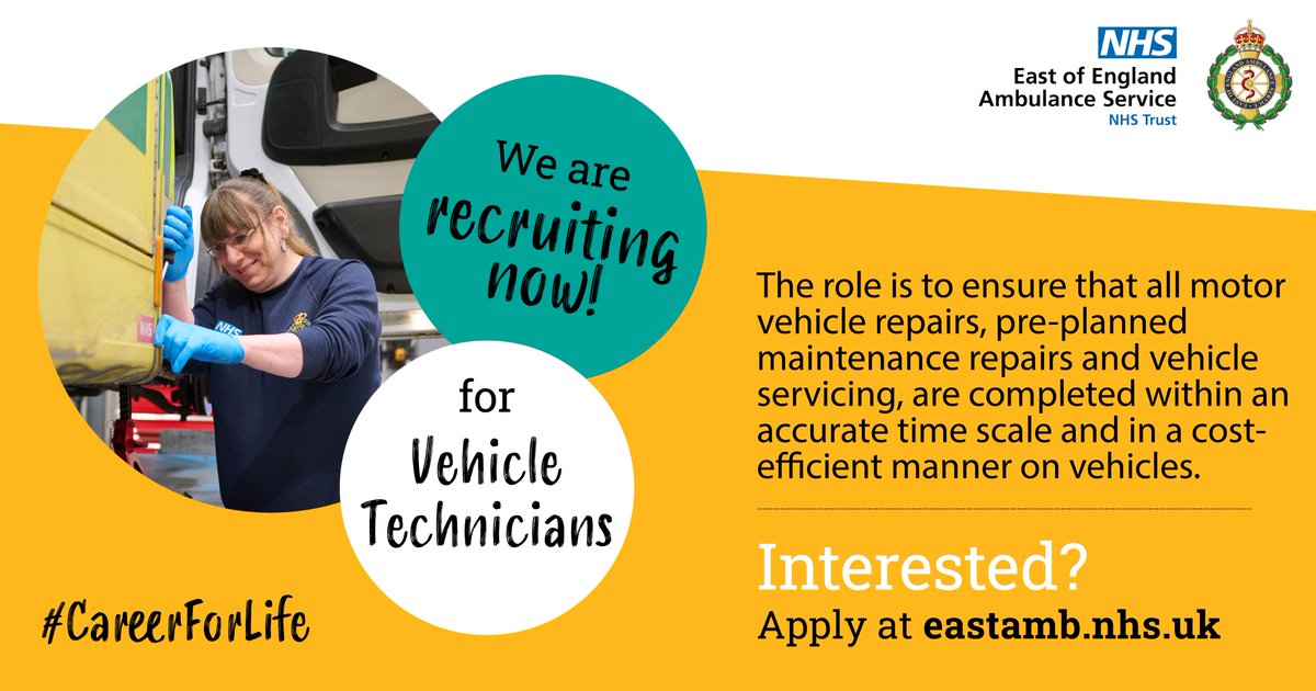 We’re looking for vehicle technicians!🚑 Start your #CareerForLife with us today... eastamb.nhs.uk/join-the-team/…