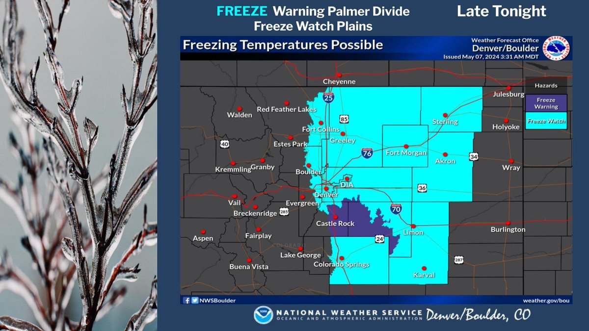 A freeze warning is in effect for Tuesday night and Wednesday morning for the Palmer Divide and a freeze watch remains in effect for the Plains. Protect sensitive plants from the sub freezing temperatures that are expected. #cowx