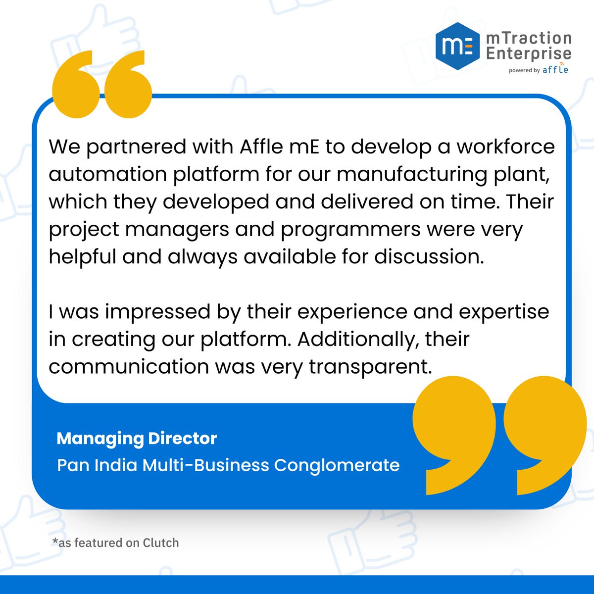 #ClientAppreciation gives us motivation & zeal to perform better. We’re proud to be the trusted partner for a Pan-India Multi business conglomerate’s manufacturing plant. #Partnerships
Read here- lnkd.in/gPxvdEFj 

#clientfeedback #DigitalTransformation #TestimonialTuesday