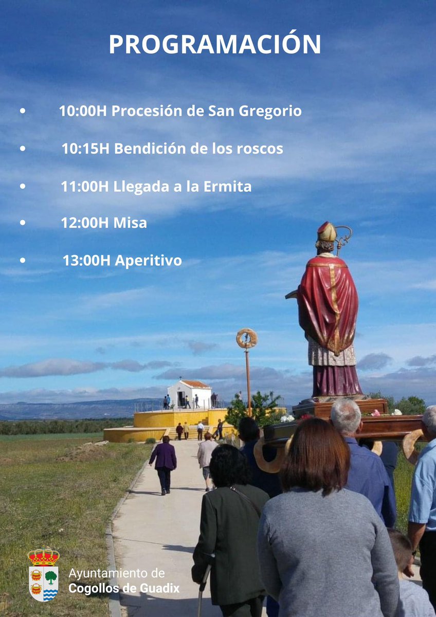 El Ayuntamiento de Cogollos de Guadix presenta la programación para la fiesta de San Gregorio 2024.

facebook.com/share/p/VWL55e…

#sangregorio
#9DeMayo
#tradiciones
#roscosbenditos
#agustoencogollos