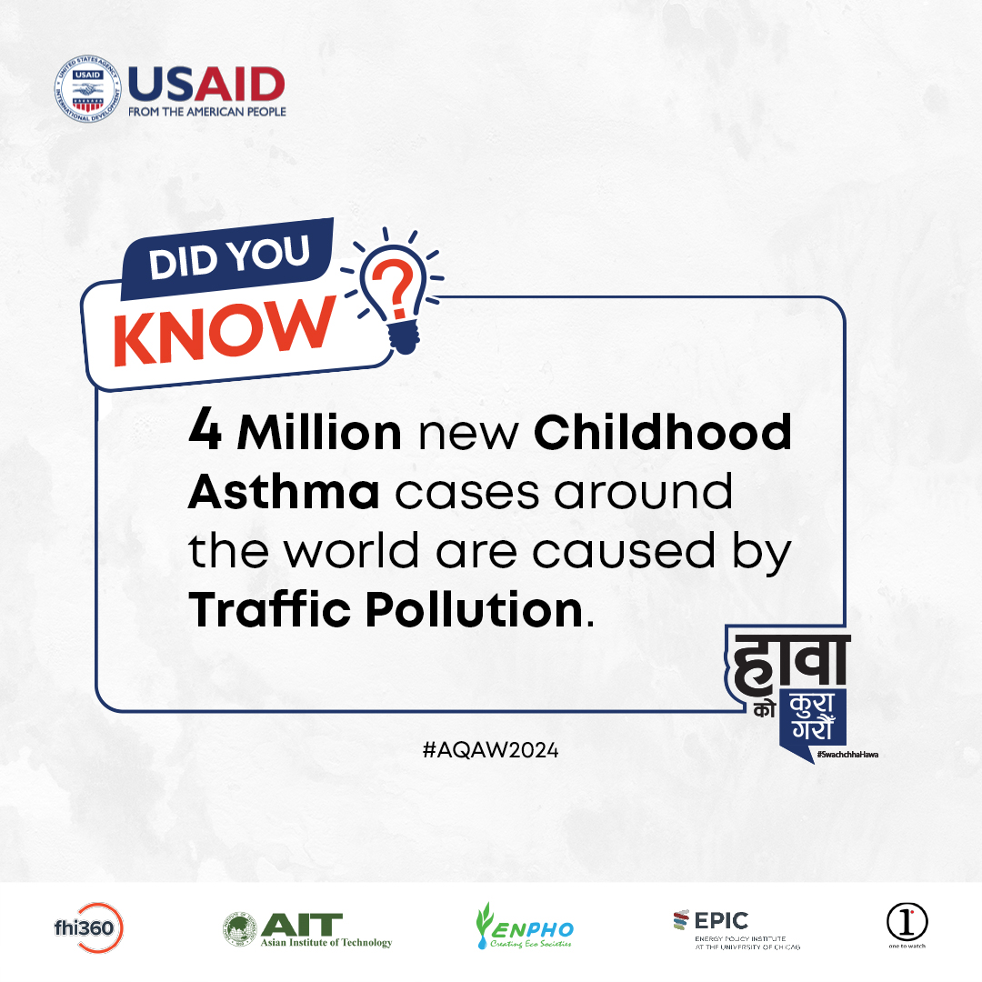 #DidYouKnow Air pollution exacerbates #asthma symptoms and induces asthma attacks? @USAIDCleanAir is working with health care professionals in Kathmandu Valley to raise awareness on the health impacts of #AirPollution #HawaKoKuraGarau #AQAW2024 Source: thelancet.com/pdfs/journals/…