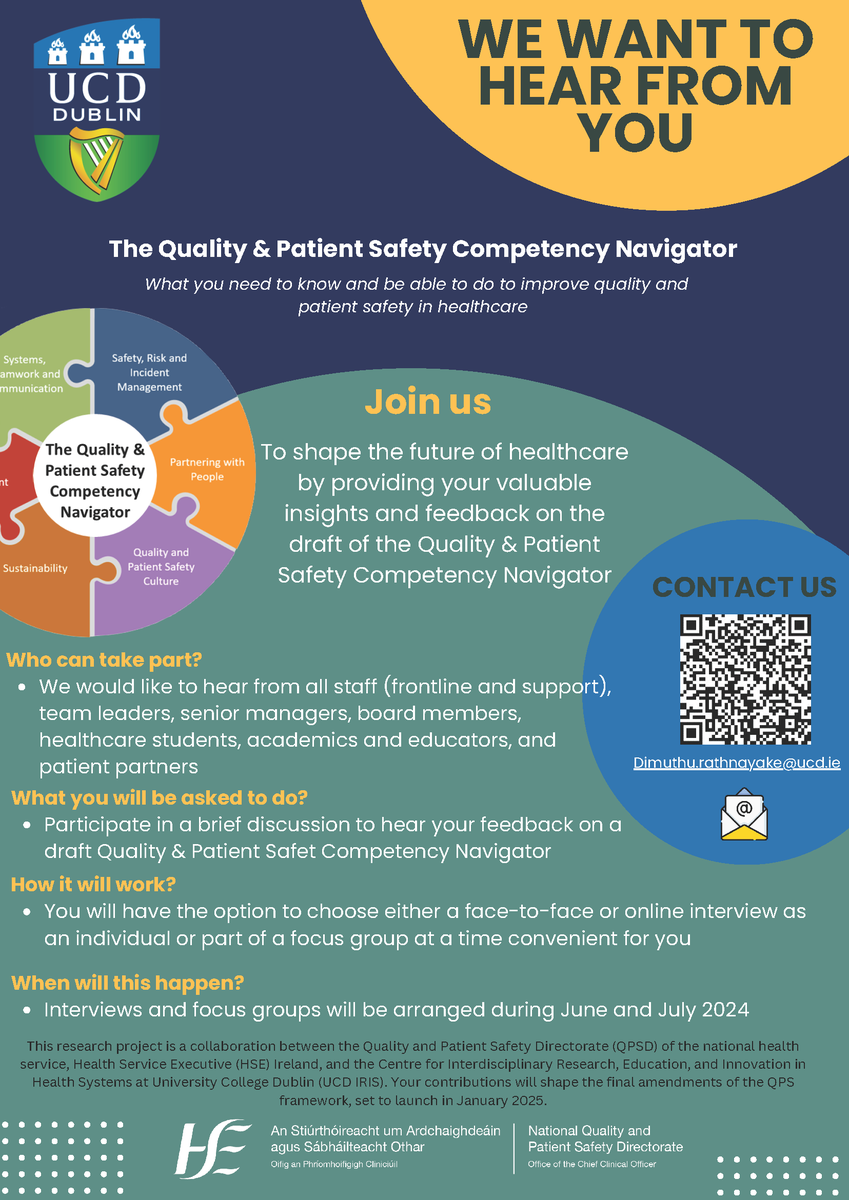 Over the past 18 months, researchers from UCD & @NationalQPS have been working with staff, academics & #patientpartners to co-design a Quality & Patient Safety (QPS) Framework. Now we need your help to test the first draft of the QPS Competency Navigator. eu.surveymonkey.com/r/8TQJ6CV