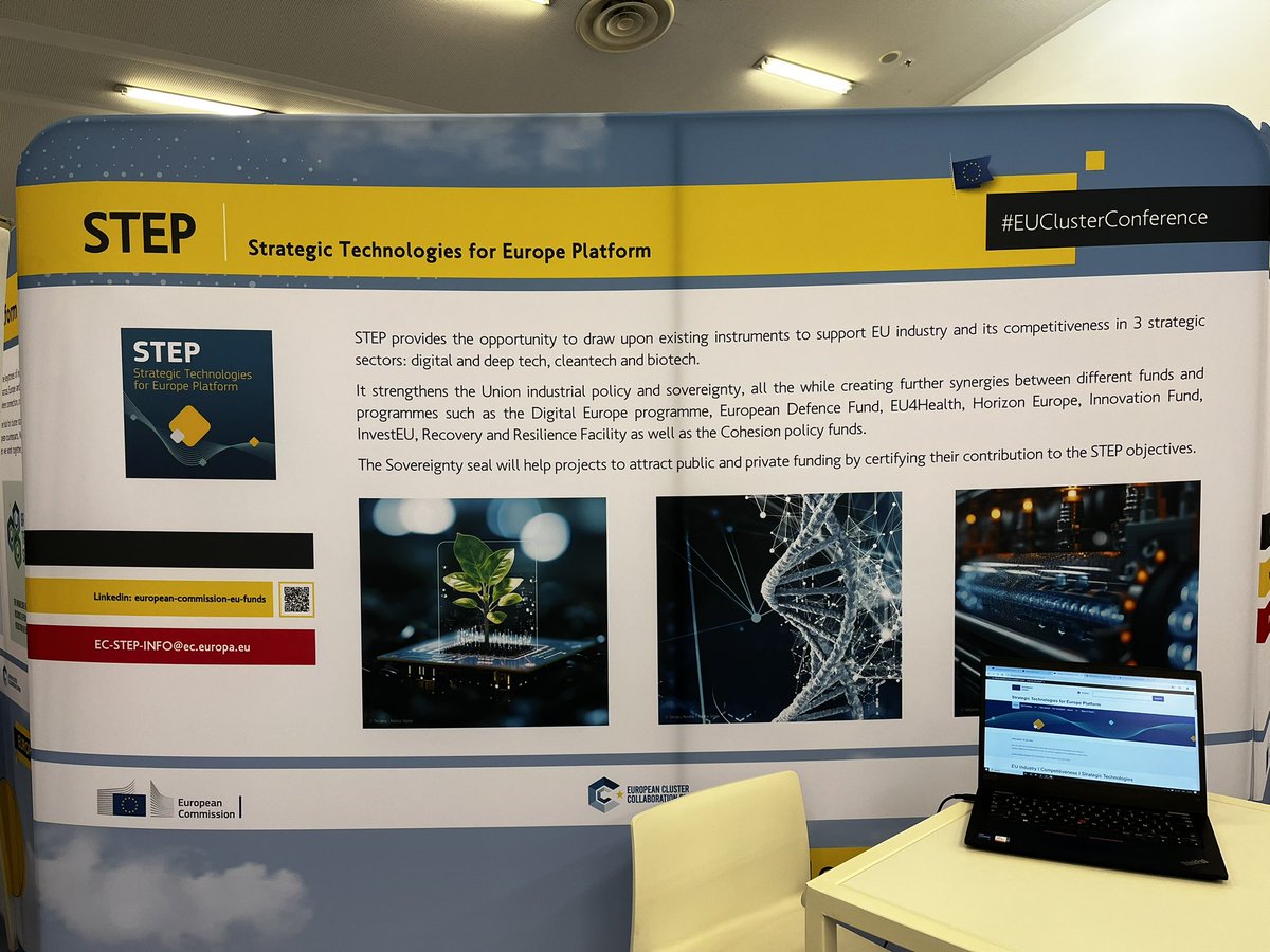 The Strategic Technologies for Europe Platform (STEP) is at the #EUClusterconference 2024 
Engaging with clusters and explaining how the EU 🇪🇺is pooling resources 💶  to support its industry and SMEs

Come and visit us to find out more!