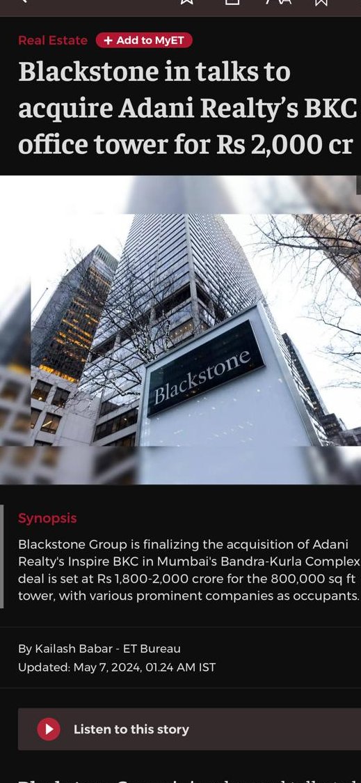 India's Commercial Real Estate sees Upsurge:  Blackstone in talks to buy Adani Realty’s BKC at Rs 2,000 cr for 800,000 sq ft office space, while globally the BS's investments in real estate is down to $15 bn in 2023, from $47.9 bn in 2022. @blackstone  @adanirealty @HardeepSPuri