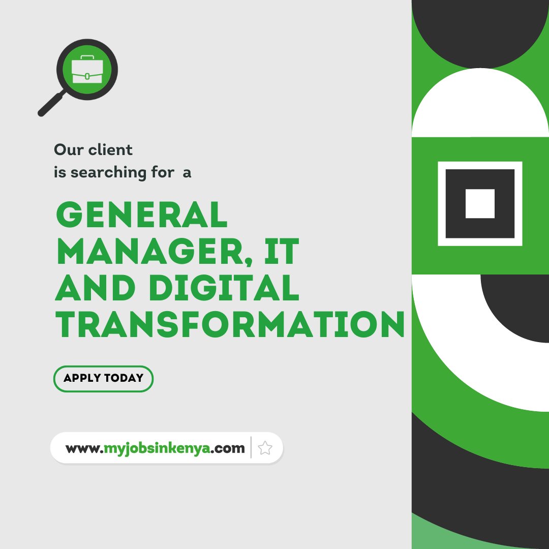 Our client a leading transport solutions provider in East Africa is recruiting a General Manager, IT and Digital Transformation Visit myjobsinkenya.com or click on the link to apply lnkd.in/dbSUhjMt #job #jobs #jobsearch #jobsinkenya