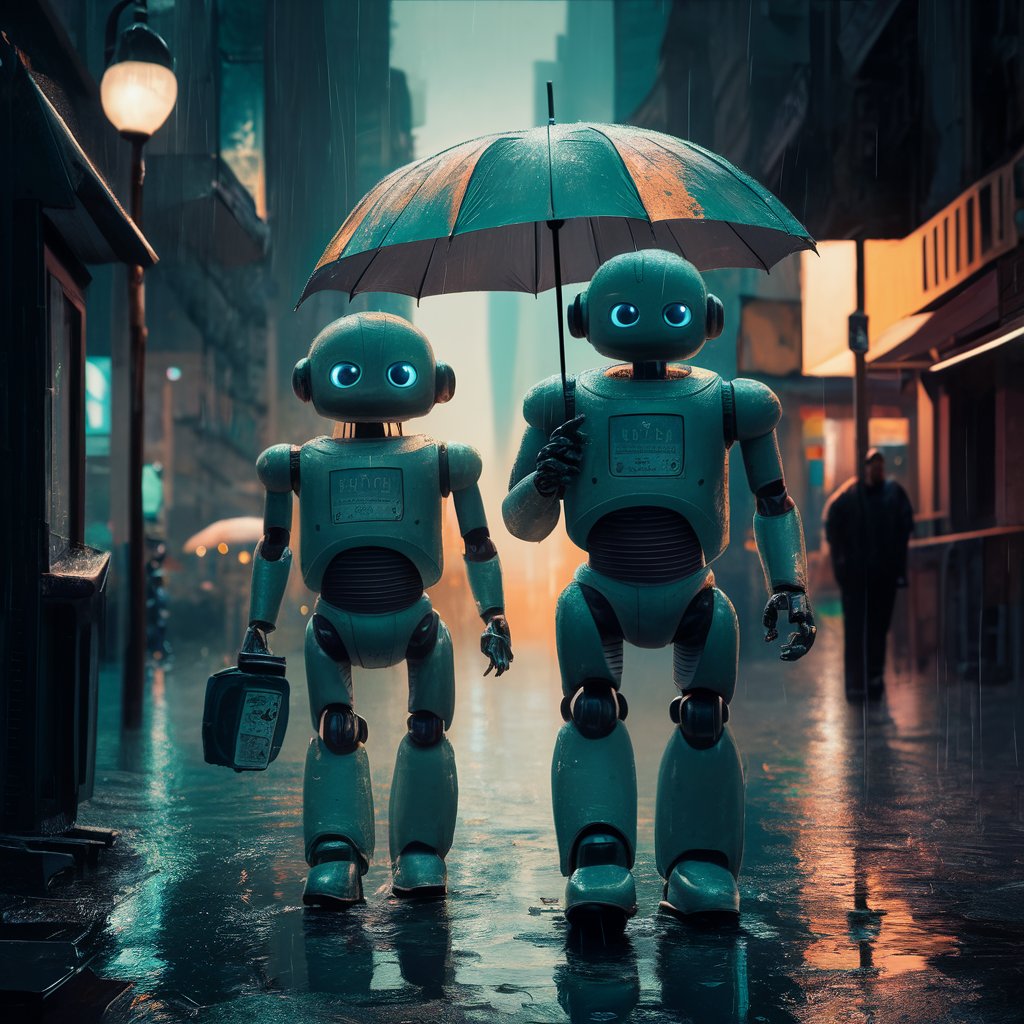 Shivsiddipetme's tweet image. #Advancedhumanoid #Robots with colorful umbrellas stroll gracefully in a #futuristic rainstorm amidst city #skyscrapers and neon #lights, showcasing harmony between #humans and machines. @siddipetme #AI #nature #rain