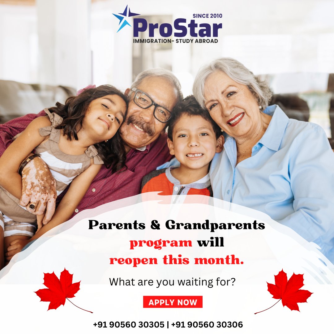 #ParentsAndGrandparents program
reopening soon this month! ⏰

Apply now to secure your spot!
📞 Call: +91 90560 30305 | +91 90560 30306

Don't miss out! Apply today!

#Canada #movetoCanada #workincanada