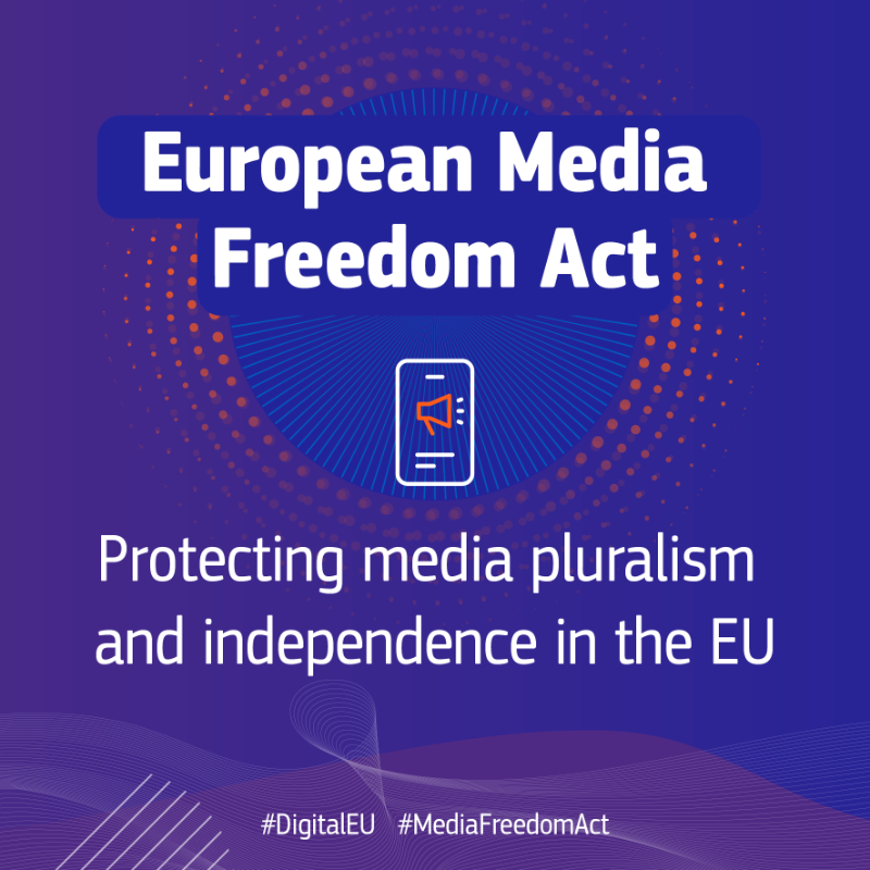 DigitalEU's tweet photo. The groundbreaking rules to support media pluralism &amp; independence enter into force today!

The 🇪🇺 #MediaFreedomAct will guarantee plurality of voices &amp; that EU media are able to operate without any interference across borders in the EU internal market.

Learn more on the #EMFA↓