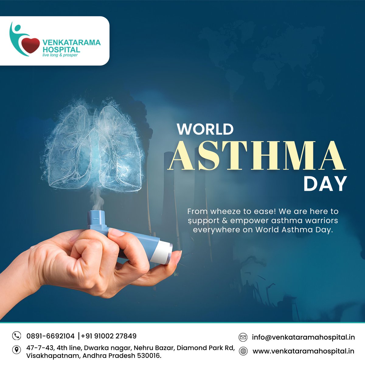 Breath easy, live better! Join us at Venkatarama Hospitals as we raise awareness and support for World Asthma Day. Let's breathe together for a healthier tomorrow.
.
#venkataramhospitals #vizag #dwarakanagar #worldasthmaday #AsthmaAwareness #BreatheEasy #Healthcare #LungHealth