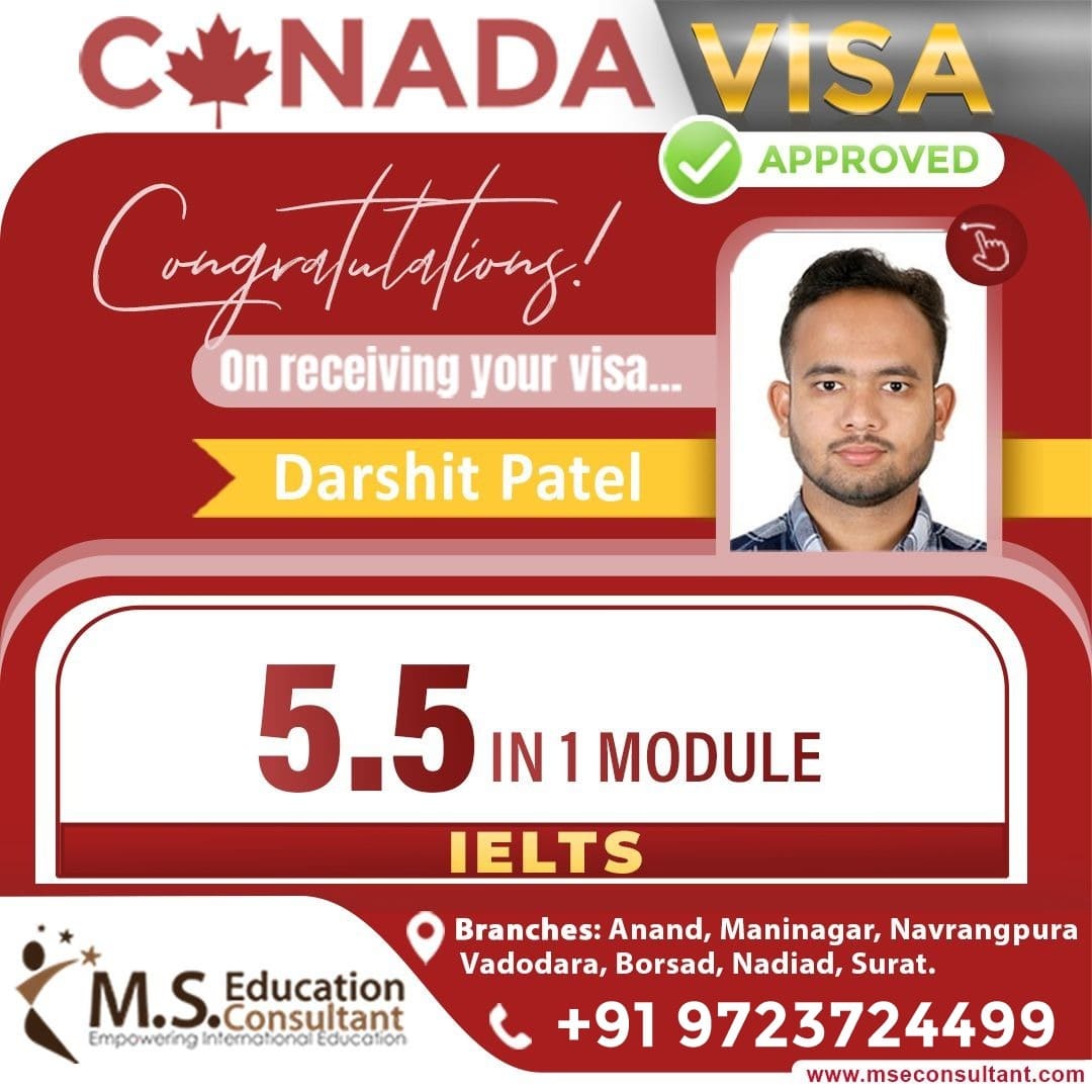 Congrats!!! 🌟 Darshit Patel for Canada 🇨🇦 Student Visa 💐

🔸Visa in 1st attempt 
🔸5.5 Bands in 1 Module

#MSEducationConsultant #StudentVisa #StudyAbroad #IELTS #toefl #pte #Immigration #StudyInCanada #StudyInUSA #bestvisaconsultant #bestieltscoaching