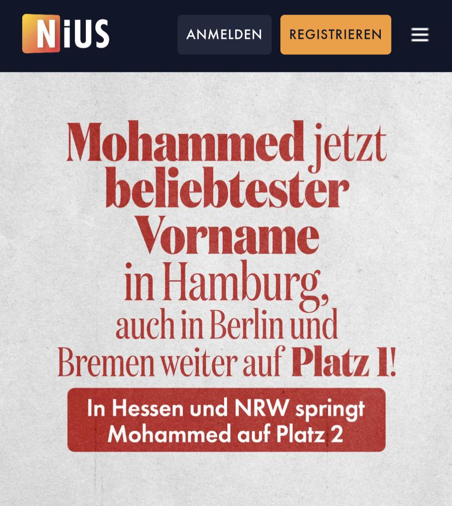In Hamburg ist 'Mohammed' jetzt der beliebteste Vorname für Jungs, ein Jahr zuvor war er noch nicht mal in den Top 3. In NRW und Hessen springt Mohammed auf Platz 2. nius.de/gesellschaft/m…