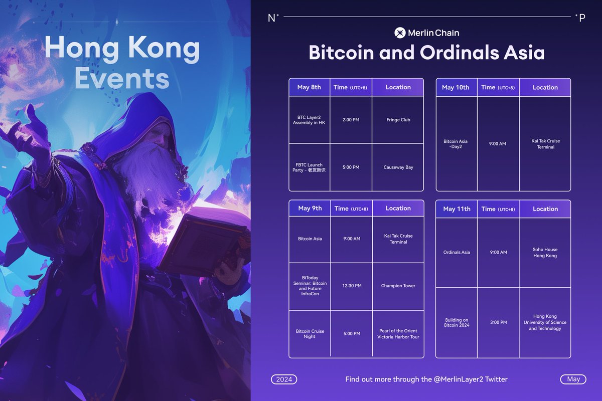 Merlin Chain is in Hong Kong this week, come meet the team! Here is the itinerary of @MerlinLayer2 during @BitcoinConfAsia and @Ordinals_Asia in Hong Kong. Register for our event here: lu.ma/Merlin