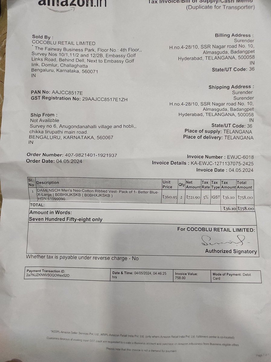 Surender010's tweet photo. @amazonIN 
I ordered 2 mens vest of  Better blue colour price 379 each and they sent True Tale colour products which costs only 347 each when I tried to report it in Amazon app no customer support call its only your call ended with out even connecting.... I attached all order https://t.co/1mfNordLKf