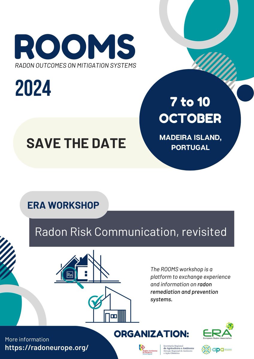 RadonEurope's tweet image. 🌟 Join us in Funchal, Madeira Islands, from Oct 7th to 10th for the ERA Workshop &amp;amp; ROOMS 2024 Conference! Explore &quot;Revisiting Radon Risk Communication&quot;. Abstract submissions welcome! More details coming soon. Spread the word! #RadonConference #ERAWorkshop buff.ly/44o1utO