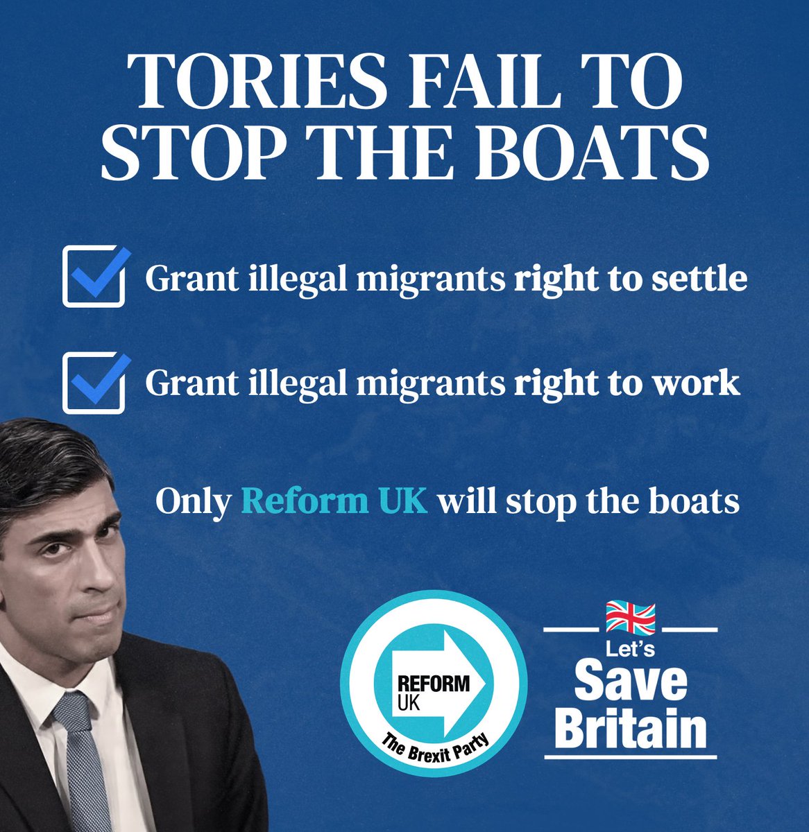 The Tories have completely failed to stop the boats. Labour wants more EU and more mass migration. Only Reform UK will stop the boats and freeze non-essential immigration.