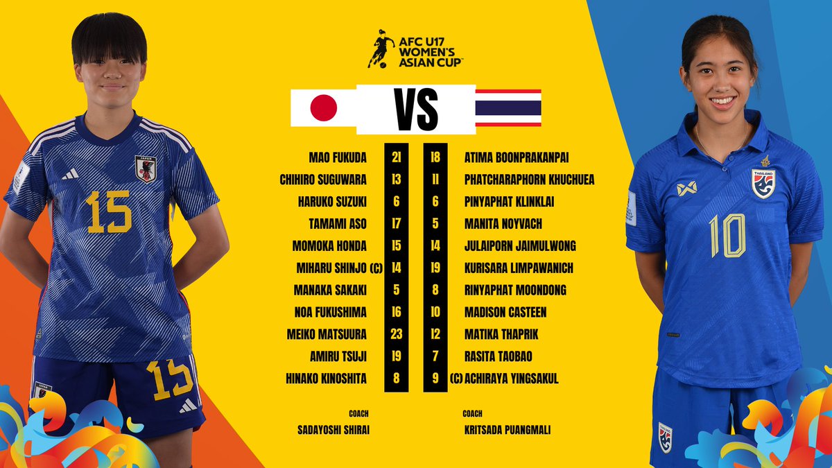 📋 LINE UPS | 🇯🇵 Japan 🆚 Thailand 🇹🇭 Here’s how defending champions Japan will line up against Thailand in their Group 🅱️ opener! 📺 Watch Live gtly.to/0wUF3L0uo #U17WAC | #JPNvTHA